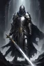 Placeholder: holy knight paladin in dark silver armor and masked helmet and a cape wielding a sword in abyss