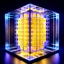 Placeholder: futuristic translucent neurocube, inside the cube there are perpendicular partitions of honeycomb plates, ambient lighting