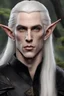 Placeholder: photo realistic photo of a male elf. He has pale skin and long white hair. The color of his eyes are black. He wears plain dark leather armor.