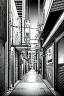 Placeholder: Tokyo alley, line arts, greyscale