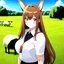 Placeholder: an arrogant, confident young woman with long brown hair, red eyes, pale skin, corgi ears and tail, anime style, sheep in a field for the background, intricately detailed, high definition, 4k, photorealistic