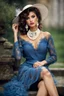 Placeholder: full body beautiful girl, elegant blue lace clothes of the 80s, luxury style, small elegant hat with feather, hair of the 80s, pearl necklace, earrings masterful, beautiful face