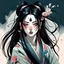 Placeholder: In a combination of digital art styles and the style of Japanese art, portray TikTok as a goddess of evil. There are black markings on her face and she has dark, flowing hair. Her eyes show her liking to destruction, while still keeping her fair, beautiful complexion.