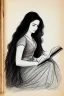 Placeholder: Pencil sketch of Young woman, Arab features,sad, long wavy hair, reading a book, full body، on lined paper