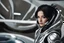 Placeholder: photo of a Sci-fi woman, with black hair, wearing a silver and black spacesuit looking like an android, no helmet, on an alien planet