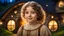 Placeholder: little young hobbit girl, beautiful, confident, calm, wise, happy, innocent, facing camera, head and shoulders, curly hair, hobbit clothing, perfect eyes, LOTR village, hobbit homes with circular windows and round doors, night scene, stars, fireflies, 16k artistic photography, exquisite composition, photorealistic concept art, soft natural volumetric light, chiaroscuro, award-winning photograph, masterpiece, style William-Adolphe Bouguereau