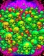 Placeholder: a field of skulls, multi colored, bright, vivid, psychedelic, high detailed, matte, bunches and bubbled up clumps, horrorcore, vines, unsettling contrast
