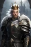 Placeholder: Male Tan Human, White Hair, Handsome Face, Wearing A Magical Crown, Black Heavy Armour, Dark colours theme, Very Dark Background, Paladin Greatsword Strapped to his Back