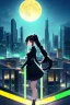 Placeholder: girl, masterpiece, best quality, cinematic lighting, detailed outfit, perfect eyes, black hair, golden eyes, long hair, ponytail, braided ponytail, girl standing in a modern cityscape at night with a bright yellow moon in the background, detailed cityscape illustration, neon lights, vibrant colors, dramatic lighting,