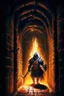 Placeholder: A frightening castle dungeon hallway with an evil knight warrior in rusty chainmail holding a burning torch painterly rpg art