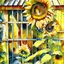 Placeholder: Watercolor patchwork painting of beautiful sunflowers growing against my wooden shed, greens, browns and yellow and orange, no signature no watermark, Patchwork by Meghan Duncanson and Jennifer Lommers and Didier Lourenço Modifiers: beautiful high detail fantastic view colourful watercolor patchwork alcohol ink Speedpaint