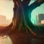 Placeholder: Cyberpunk theme, portrait of Oak tree roots holding man inside, misty sunny day, close-up portrait, symbios