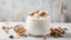 Placeholder: Kefir, buttermilk or yogurt with granola. Yogurt in glass on white wooden background. Probiotic cold fermented dairy drink. Gut health, fermented products, healthy gut flora concept. Copy space.