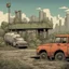 Placeholder: Gas station, overgrown apocalyptic city background,comic book, gasoline tanker truck