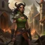 Placeholder: a beautiful tiefling women with dark hair in a sleeveless battle outfit, amidst the ruins of a medieval town destroyed by war