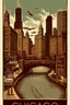 Placeholder: vintage-style woodcut illustration of Chicago's skyline featuring the Willis Tower (formerly Sears Tower) and other modern skyscrapers. The image has a sepia-toned color scheme with black and brown elements. In the foreground, a curved highway labeled "ROUTE 66" with vintage cars driving on it. Street signs reading "CHICAGO", "LAKESHORE DRIVE", and "MILLENNIUM PARK" are positioned in the upper portion. The illustration includes a bridge spanning across a body of water, with architectural details