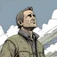Placeholder: man, chevy chase, looking at the sky, looking serious, comic book, post-apocalypse, grey background, illustration,