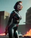 Placeholder: retro sci-fi portrait image from 1960, supermarket parking explosion, fire, classic black widow, young Scarlett Johansson, classic black tight lycra latex suit, retro 1960 superhero style, soft color, highly detailed, unreal engine 5, ray tracing, RTX, lumen lighting, ultra detail, volumetric lighting, 3d, finely drawn, high definition, high resolution.