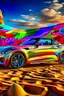 Placeholder: a realistic photo of a 2025 bmw z4,the car is spray painted with graffiti, desert background with sand storm to make the car stand out, colorful and stylish graffiti, 12k highly detailed and realistic , Masterpiece, dramatic product shot