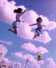 Placeholder: Ultra realistic clouds sky scene, medium shot view, portrait, Childs free jumping flying with trinkets, smile, happy, Wes Anderson style, inflatable color clothing, extreme, wind, clouds sea, 20,000 feet altitude, stratosphere, soft color, highly detailed, unreal engine 5, ray tracing, RTX, lumen lighting, ultra detail, volumetric lighting, 3d, finely drawn, high definition, high resolution.