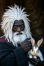 Placeholder: beautiful black skin warrior man white hair holding a rabbit