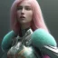 Placeholder: A portrait of a crystalised queen, atmospheric, realistic, unreal engine, cinematic lighting, octane render, transparent, pink turquoise light, long blond hair, pink lips, extremely sharp detail, finely tuned detail, ultra high definition, 8 k, unreal engine 5, ultra sharp focus, accurate sword wings, positive smile, highlight luminous suit blue and pink