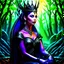 Placeholder: Morena Baccarin as a beautiful sexy dark elf queen seated elegantly on a throne in a mystical forest, dark celtic vignette frame, photo-realistic, cinematic lighting, award-winning photography