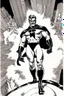 Placeholder: in the art style of neal adams -- an extremely muscular superhero man wearing a black, skintight, formfitting cowl, a black, skintight, formfitting, Kevlar bodysuit, Silver Wrist Gauntlets, Silver Belt, Silver knee-high boots, black gloves, silver "M" logo on the chest, a mustache and goatee, black gloves,