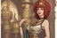 Placeholder: a skinny Cleopatra, with a bob red hairstyle, standing in a steampunk setting.