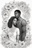 Placeholder: Create outline art of coloring page of a black couple surrounded by blossoming flowers symbolizing the growth and beauty of their love. white background, sketch style, half of body, only use outlines, Mandala style, clean line art, white background no shadows and clear and well outlined.