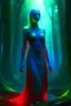 Placeholder: A beautiful Alien woman, with green skin, wearing a long blue deep-cut dress, her entire body and clothing, are surrounded by a red luminous glow. She floats about ten meters above the clearing in the great forest.