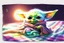 Placeholder: Cute happy Baby Yoda sits on a colourful plaid fleece blanket and plays with tiny floating phosphorescent planets in the sunlight