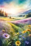 Placeholder: "Beautiful hippie long exposure Digital watercolor Illustration of a Beautiful hippie, an field of wild flowers, Stylized watercolor art, Intricate, 3D, HDR, Sharp, soft Cinematic Volumetric lighting, pastel colours, perfect wide long shot visual masterpiece"