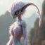 Placeholder: extraterrestrial being, female, human base, otherworldly, pastel pink fur-covered skin, large lavender eyes, long feathery tail, alien, intricately designed, highly detailed, Greg Rutkowski