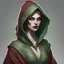 Placeholder: generate a dungeons and dragons character portrait of a female serpent person rouge thief who has green scales on her pale skin, a snake tongue. She is wearing a hooded robe. Make her snake tongue visible. Make her look evil.