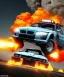 Placeholder: Apocalyptic vehicle driving towards the Camara with a massive exsplosion behind it