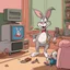 Placeholder: bugs bunny watching a tv about a video game with a pig doing music