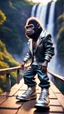 Placeholder: magazine cover, twisted hairy rock star alien gremlin gorilla rapper with silver boots as a pimp on wooden bridge going down heavens waterfall,bokeh like f/0.8, tilt-shift lens 8k, high detail, smooth render, down-light, unreal engine, prize winning