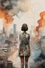 Placeholder: acrylic and watercolor and line tint painting of a sad young woman standing in front of a city entirely made of smoke, bronze - skinned, geometric curves, featured art, philosophical splashes of colors, art brought to life, soul shock