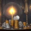 Placeholder: dynamic lighting, Intricately detailed, Splash screen art, deep color, Unreal Engine, volumetric lighting, silver coins, gold coins, silver treasure, stacked coins, indoors, study room, candle, altar, black table, sigil, shiny,