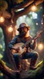 Placeholder: portrait of hairy rock banjo ninja sweet cucumber cowboy living inside a tree house in a hollow huge tree growing light bulbs, singing in the spotlight with smoke coming from below,bokeh like f/0.8, tilt-shift lens 8k, high detail, smooth render, down-light, unreal engine, prize winning