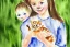 Placeholder: One cute smiling Norwegian girl is holding a kitten. Watercolour