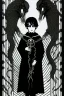 Placeholder: 7 year old boy, necromancer, friendly, looks dead,with a lamprey serpent , wearing black robes, in the style of Harry Clarke