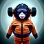 Placeholder: Monkey toddler, smile, steampunk headphone, sunglass, gangsta neckless, full body, orange puffer jacket, tokio background, dramatic lighting, hyper realistic, unreal engine 5, 16k