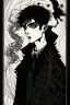 Placeholder: 17 year old boy, necromancer, friendly, looks dead, surrounded by weird smoke with eyes, wearing black robes, in the style of Harry Clarke