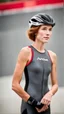 Placeholder: anorexic beautiful woman, age 24, total shot, short anthracite triathlon swimsuit, medium long wavy bob haircut, red hair, blurred concrete background