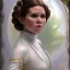 Placeholder: death star frame, complete and photo realistic detailed head to waist stunning photo realistic portrait of young carrie fisher as Princess Leia in star wars with photo realistic hairstyle by Mandy Jurgens and mucha and Richard Schmid and chuck close and chie yoshii, extraordinary and detailed ceremony dress of star wars,brown eyes