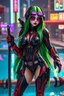Placeholder: BEAUTIFUL WOMAN, TENSE, big purple eyes, big bubs, cute legs, GREEN long long haired, dressed with a MINI robotic BLACK and RED suit, warrior mode, cyberpunk style, TECHNO-SUNGLASSES, SWORDS, ON A POOL