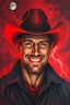 Placeholder: Bosch painting style nightmare, cowboy smiling portrait with, a red light reflecting .red background all are red cloudy stormy with thunder in the background with half moon.