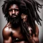 Placeholder: African-American man, wet dred locked hair, with sweat on face, serious, masculine, heroic, with facial hair, dripping, intricate details, hyper realistic sweat, fine details in skin texture, model photography, studio portrait lighting, 8k -ar 3:5- upright -beta -no blur